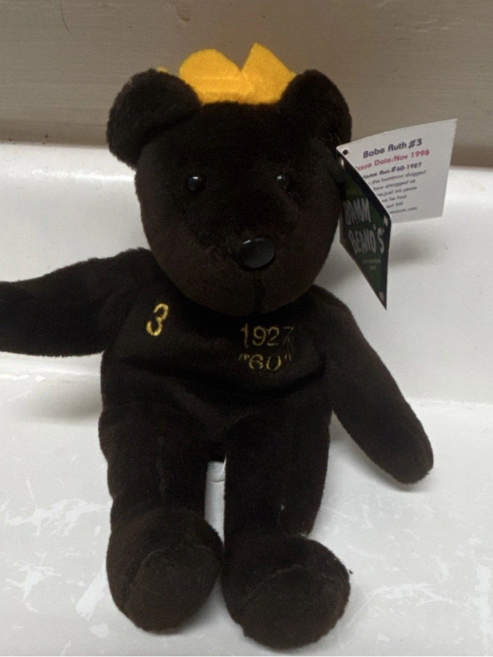 Salvino's Bamm Beano's Babe Ruth #3 Plush Bear 1998 Brown Yellow Crown Baseball